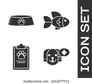 Set Veterinary clinic symbol, Pet food bowl for cat or dog, Clipboard with medical clinical record pet and Fish icon. Vector