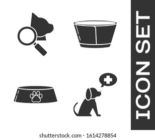 Set Veterinary clinic symbol, Veterinary clinic symbol, Pet food bowl for cat or dog and Protective cone collar icon. Vector