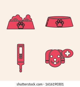 Set Veterinary clinic symbol, Pet food bowl for cat or dog, Pet food bowl for cat or dog and Medical digital thermometer icon. Vector
