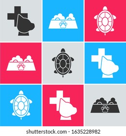 Set Veterinary clinic symbol, Pet food bowl for cat or dog and Turtle icon. Vector