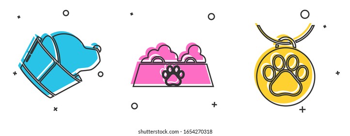 Set Veterinary clinic symbol, Pet food bowl for cat or dog and Collar with name tag icon. Vector