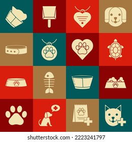 Set Veterinary clinic symbol, Pet food bowl for cat or dog, Turtle, Collar with name tag and heart,  and Heart animals footprint icon. Vector