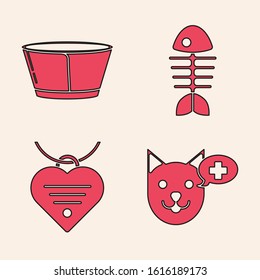 Set Veterinary clinic symbol, Protective cone collar, Fish skeleton and Collar with name tag and heart icon. Vector