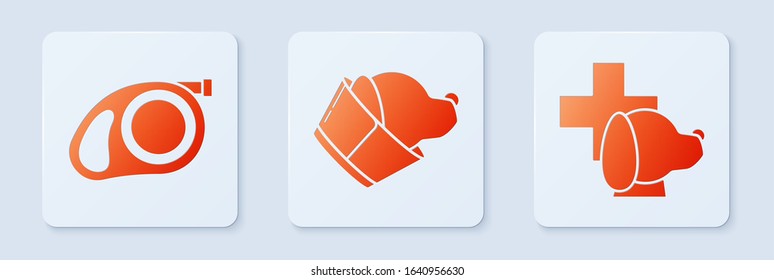 Set Veterinary clinic symbol, Retractable cord leash with carabiner and Veterinary clinic symbol. White square button. Vector