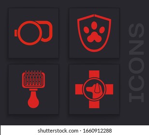 Set Veterinary clinic symbol, Retractable cord leash, Animal health insurance and Hair brush for dog and cat icon. Vector