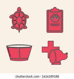 Set Veterinary clinic symbol, Turtle, Clipboard with medical clinical record pet and Protective cone collar icon. Vector