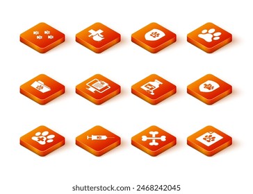 Set Veterinary clinic, Syringe with pet vaccine, Medical veterinary record folder, Clinical on monitor, Crossed bones and Dog medicine bottle and pills icon. Vector