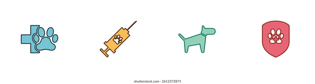 Set Veterinary clinic, Syringe with pet vaccine, Dog and Animal health insurance icon. Vector