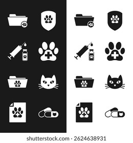 Set Veterinary clinic, Syringe with pet vaccine, Medical veterinary record folder, Animal health insurance,  and Cat icon. Vector