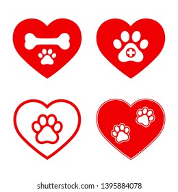 set of veterinary emblems in red heart on white background