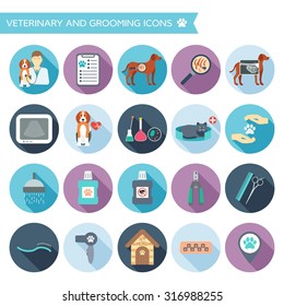 Set of veterinary and grooming icons with names. Colorful flat design with shadows. Vector illustration