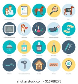 Set of veterinary and grooming icons with names. Colorful flat design. Vector illustration