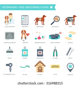 Set of veterinary and grooming icons with names. Flat design. Vector illustration