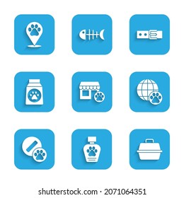 Set Veterinary hospital, Pet shampoo, carry case, World pet, Dog pill, Bag of food, Collar with name tag and Location veterinary icon. Vector