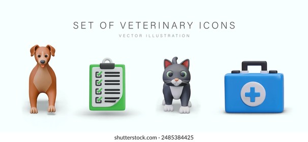 Conjunto de iconos veterinarios en estilo 3D. Perro, gato, botiquín de primeros auxilios azul, lista de papel en el Portapapeles