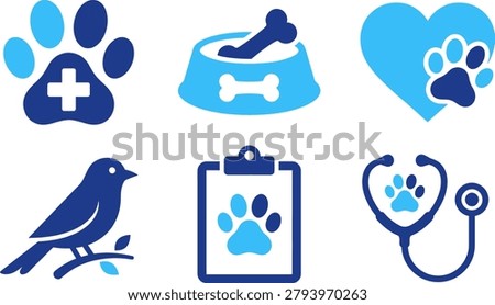Set of veterinary icons pet care paw prints medical cross stethoscope animal food and veterinarian symbols for clinics.