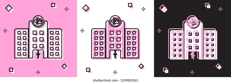 Set Veterinary medicine hospital, clinic or pet shop for animals icon isolated on pink and white, black background. Vet or veterinarian clinic.  Vector Illustration