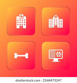 Set Veterinary medicine hospital, , Dog bone and Clinical record pet monitor icon. Vector