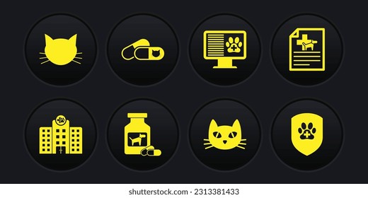 Set Veterinary medicine hospital, Medical certificate for dog or cat, Dog bottle and pills, Cat, Clinical record pet on monitor and  icon. Vector