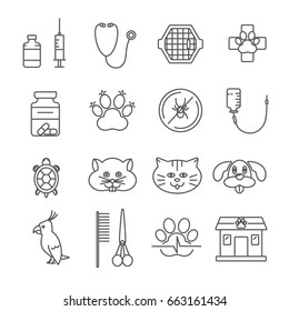 Set of veterinary Related Vector Line Icons. Includes such Icons as cat, dog, hamster, parrot, pills, medical treatment, medical help, turtle, syringe, veterinary medicine