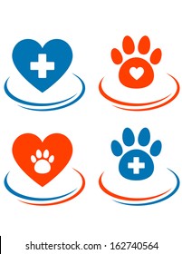 set of veterinary symbols with red heart, cross and paw on white background