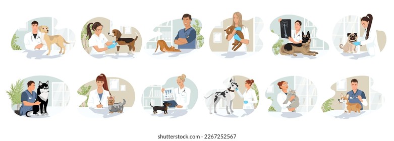 Set of veterinary visit in medical clinic office. Sick kitty, cat, dog anxiety and stress on therapy at vet appointment of veterinarian doctors. Flat vector illustration isolated on white background