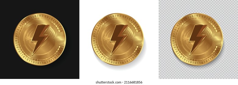 Set of VeThor Token VTHO cryptocurrency logo in golden coins vector illustration isolated in white, dark and transparent background. Can be used as crypto label,sticker, icon, badge, and emblem