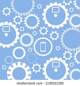 Set, Vetor background made from various cogwheels on Blue light background.