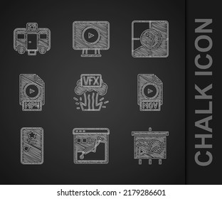 Set VFX, Histogram graph photography, Scenario on chalkboard, MOV file document, Backstage, MP4, Old film movie countdown frame and Actor trailer icon. Vector