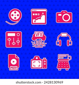 Set VFX, Photo camera, Retro typewriter, Headphones, MOV file document, Sound mixer controller,  and Film reel icon. Vector