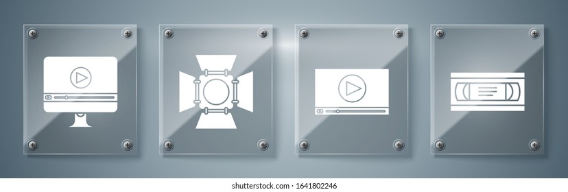 Set VHS video cassette tape , Online play video , Movie spotlight  and Online play video . Square glass panels. Vector