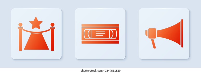 Set VHS video cassette tape , Carpet with barriers and star  and Megaphone . White square button. Vector
