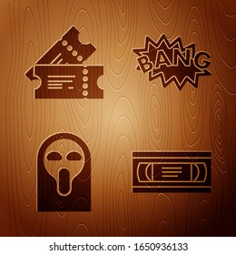 Set VHS video cassette tape , Cinema ticket , Funny and scary ghost mask and Bang boom text speech bubble balloon  on wooden background. Vector