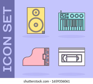 Set VHS video cassette tape, Stereo speaker, Grand piano and Music synthesizer icon. Vector