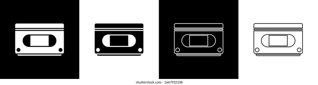 Set VHS video cassette tape icon isolated on black and white background.  Vector Illustration