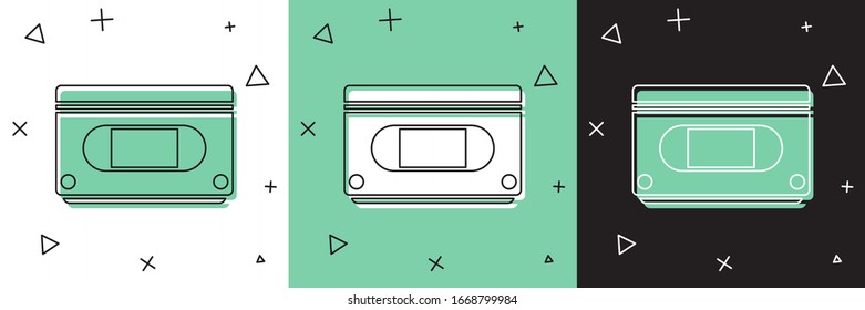 Set VHS video cassette tape icon isolated on white and green, black background.  Vector Illustration