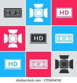 Set VHS video cassette tape , Movie spotlight  and Laptop screen with HD video technology  icon. Vector