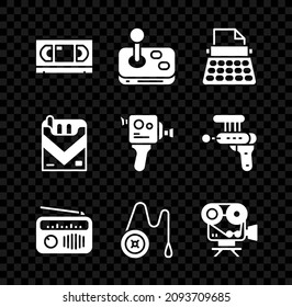 Set VHS video cassette tape, Joystick, Retro typewriter, Radio with antenna, Yoyo toy, cinema camera, Cigarettes pack box and  icon. Vector