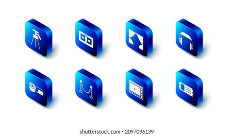 Set VHS video cassette tape, Curtain, Headphones, Cinema ticket, Online play, Rope barrier, camera and Tripod icon. Vector