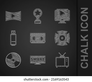 Set VHS video cassette tape, Screen tv with Smart, Retro, Movie spotlight, CD or DVD disk, USB flash drive, Online play and  icon. Vector
