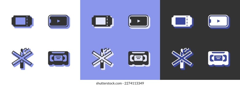 Set VHS video cassette tape, Cinema ticket, No smoking and Online play icon. Vector