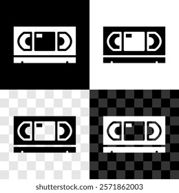 Set VHS video cassette tape icon isolated on black and white, transparent background.  Vector