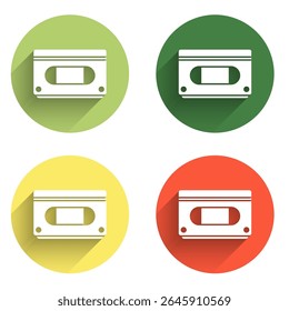 Set VHS video cassette tape icon isolated with long shadow background. Color circle button. Vector