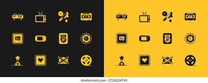 Set VHS video cassette tape, Like heart, CD disk award in frame, Prohibition no recording, Cinema ticket, Thriller movie, Movie, film, media projector and Retro tv icon. Vector