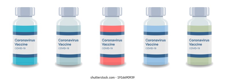 Set of vials or bottles with coronavirus vaccine on white background. Ampules with different color liquid medicine and label. Vector for vaccination, treatment, medical research illustration.