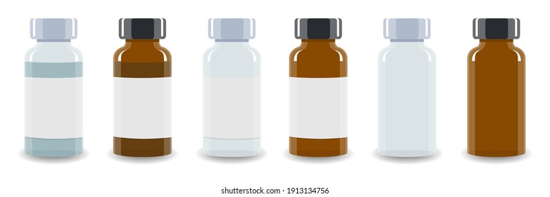 Set of vials or bottles with medicine, vaccine, liquid drug on white background. Blue and brown glass, label mockup, empty ampoule. Vector for vaccination, treatment, medical research illustration.