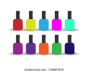 Conjunto de viales con uñas polacas coloreadas. Colores modernos e informales. Diseño de existencias simple aislado en un fondo blanco para sitios web y aplicaciones