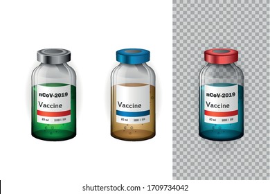 A set of vials containing vaccine against Covid-19 and other viruses.Isolated image on a transparent and white background.Template for medical banners or advertising of medicines.Use it as a clipart.