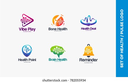 Set of Vibe Play logo, Bone Health symbol, Health Deal, Health Point logo, Brain Health, Reminder logo, Collection of Pulse logo