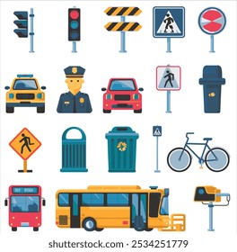 A set of vibrant 2D vector icons illustrating street elements and tools, including a traffic light, road sign, car, traffic police officer, trash can, pedestrian crossing sign, bus, bicycle.